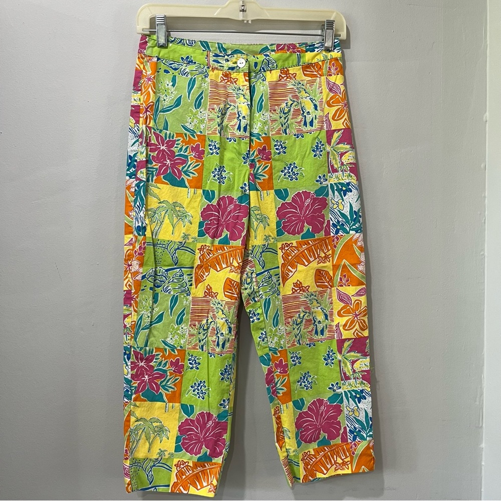 Palm Lily Crop Pants Size 4 bright Colors Floral Birds Pink Green Orange Blue.